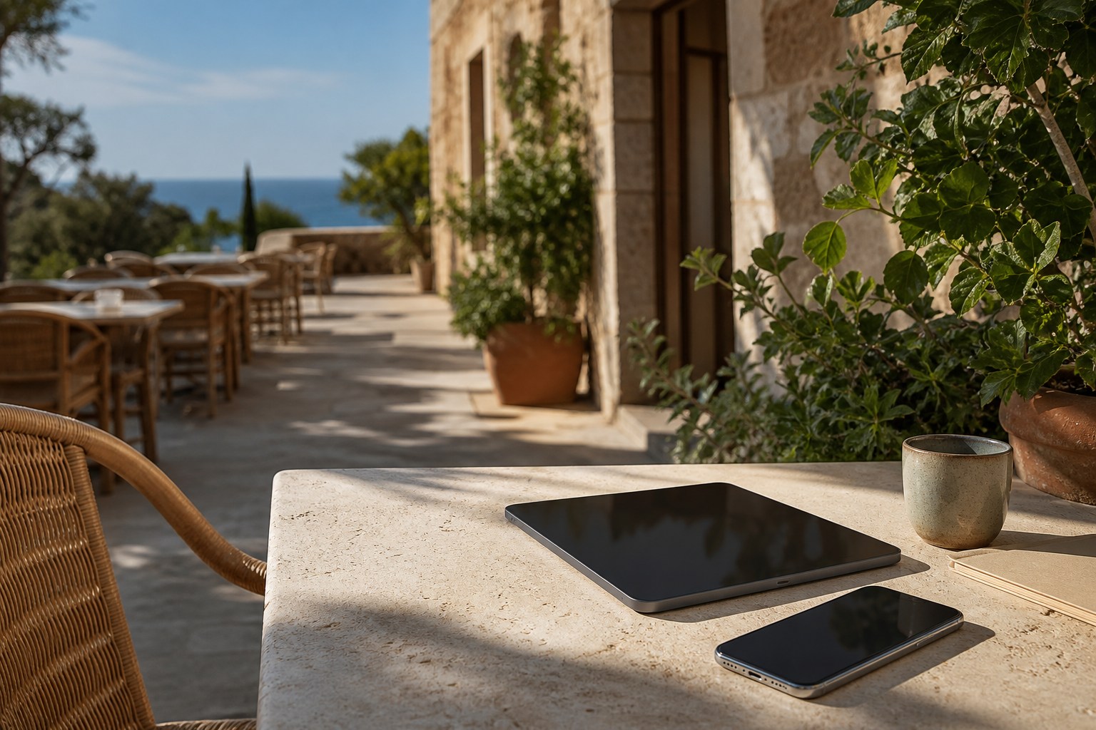 Sonnige Restaurantterrasse auf Mallorca mit Tablet und Smartphone